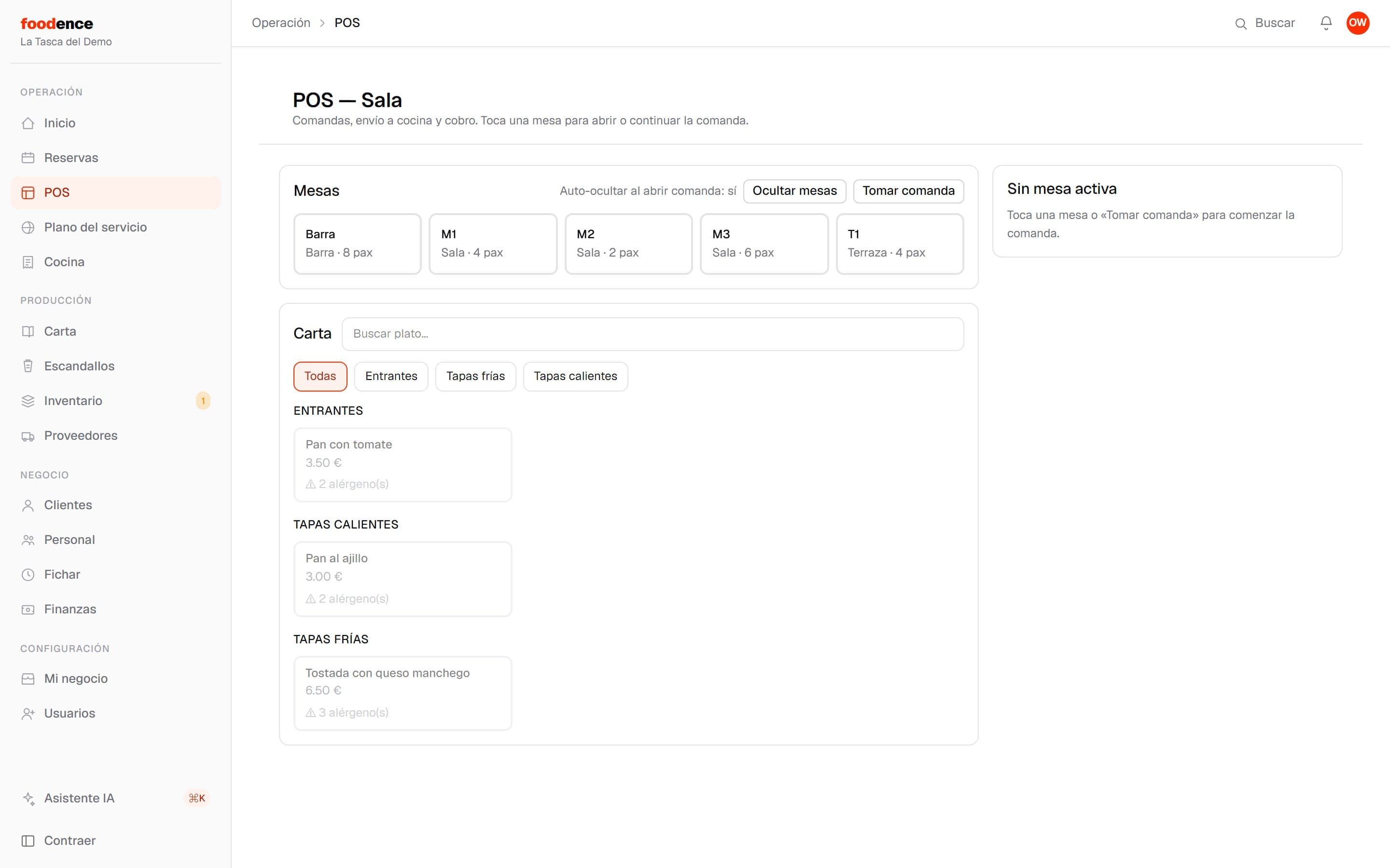 TPV de Foodence: mesas y carta para tomar comandas, enviar a cocina y cobrar