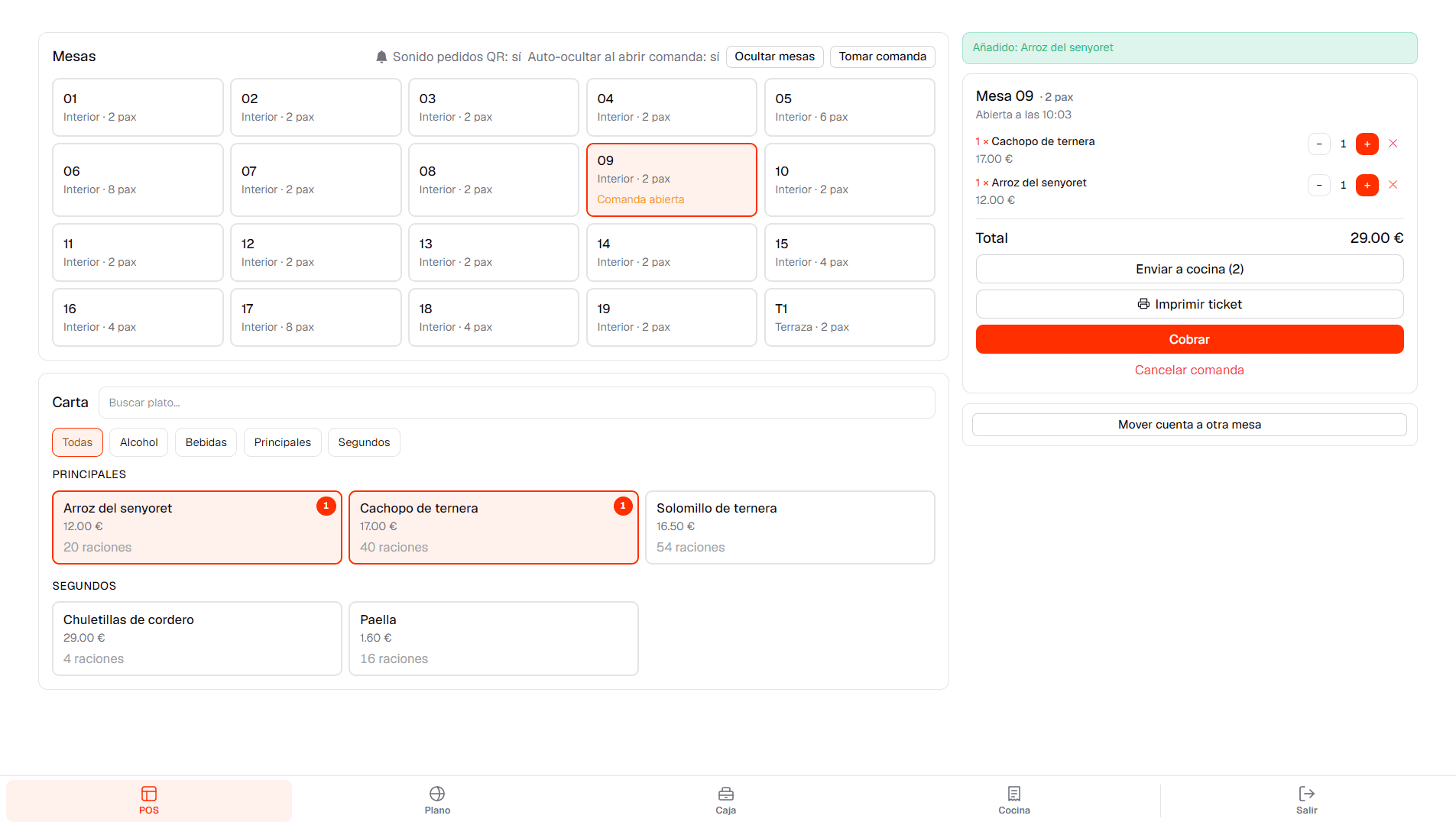 TPV de Foodence: mesas y carta para tomar comandas, enviar a cocina y cobrar